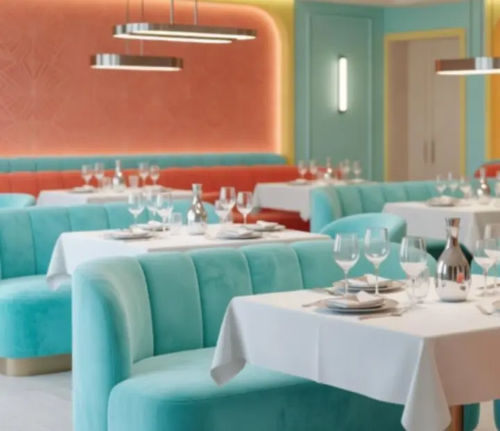 Detail interiéru restaurace Casavelier s pastelovými akcenty a moderním nasvícením.