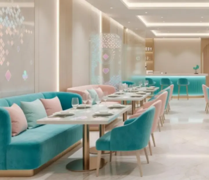 Interiér moderní casino restaurace Casavelier s pastelovým osvětlením a stylovým sezením.