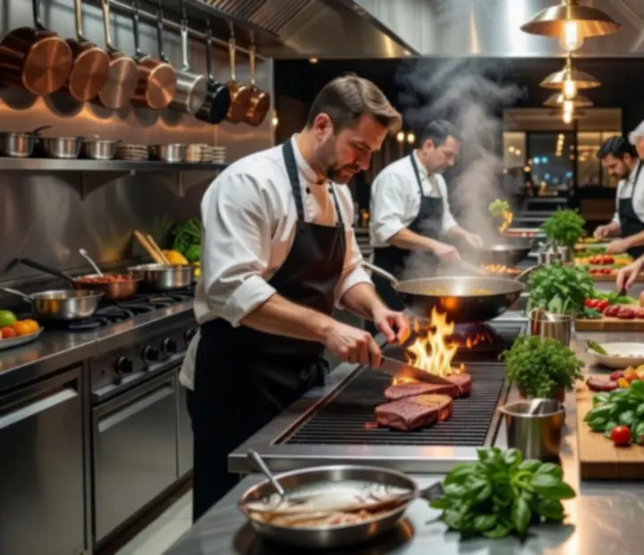 Otevřená kuchyně restaurace Casavelier s moderním vybavením.